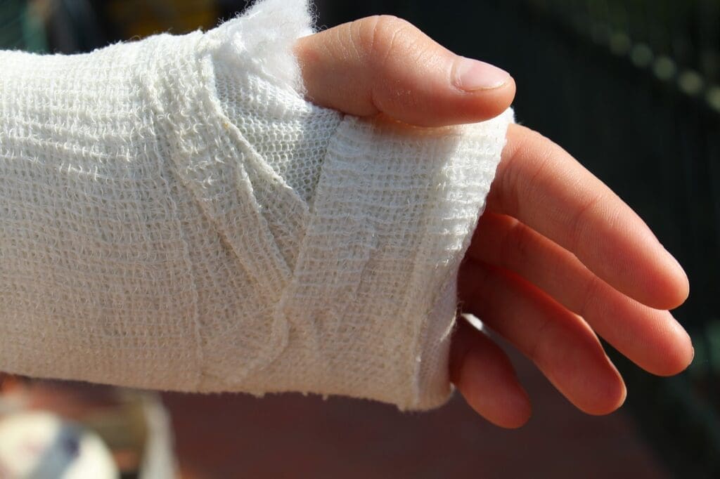 An injured wrist in a bandage