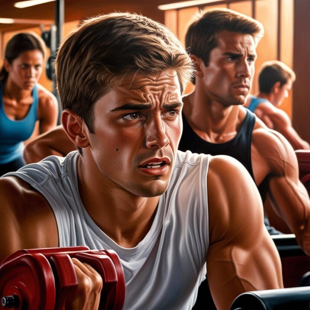 AI generated image of young man in gym, worrying about appearance and undertaking excessive exercise.